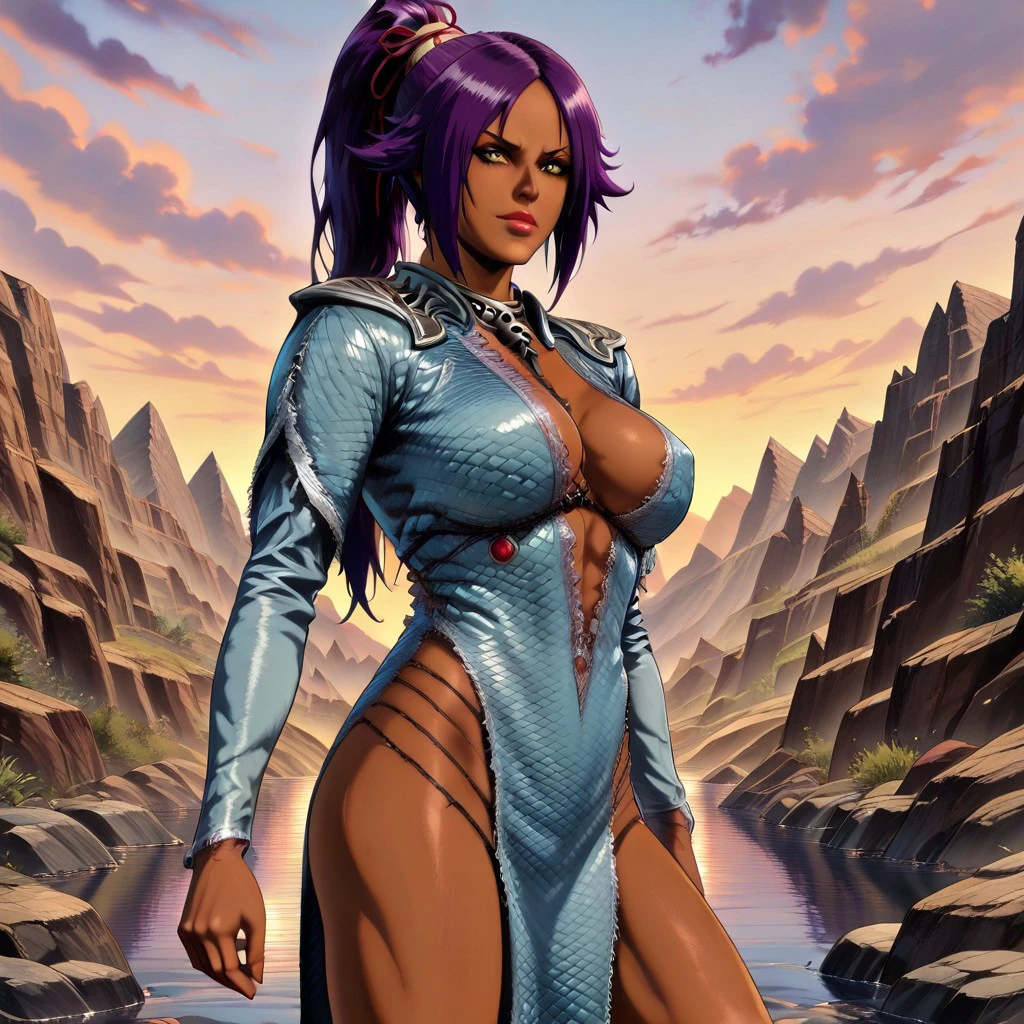 PaintedComicStyleIL.V-2.0, best quality, masterpiece, 1girl, Yoruichi, dark-skinned female, purple hair, WaveMotherRobe-IL