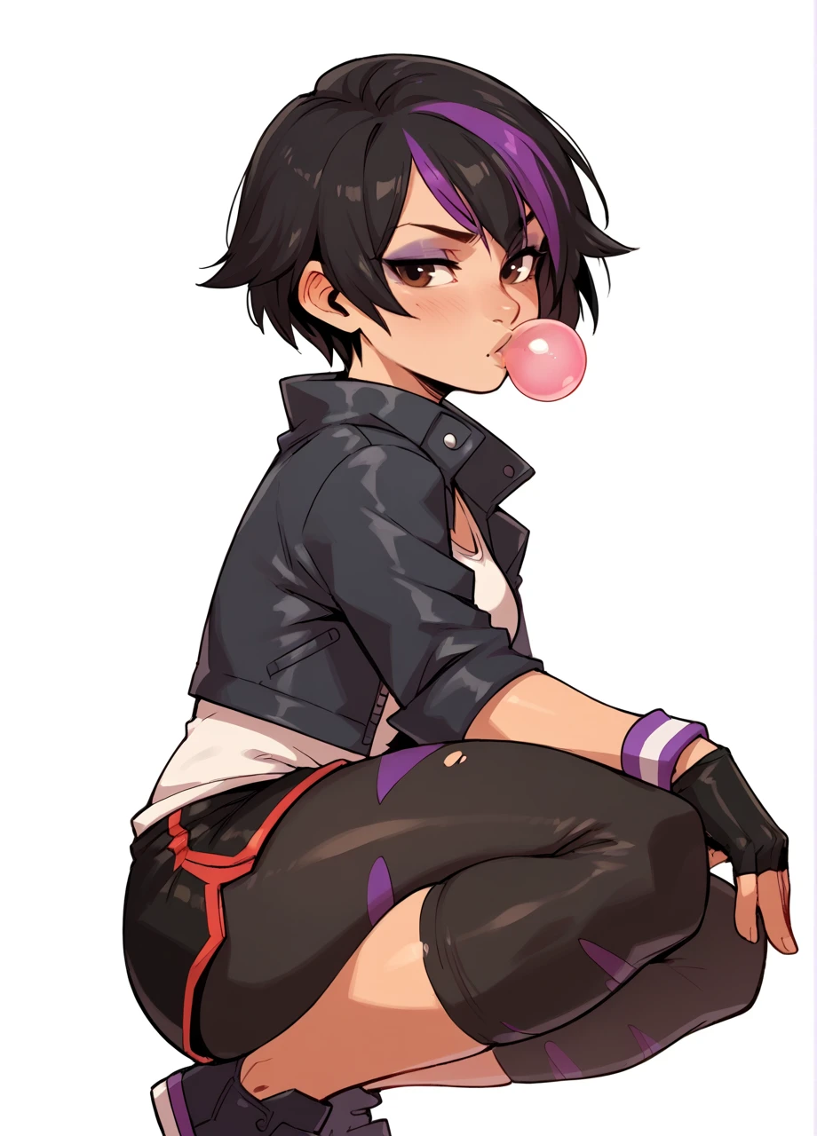 <lora:BH6_TomagoDEF-PONY:0.8> 1girl, solo, white background, bubblegum bubble, squatting, side view, thick thighs, looking at viewer, tomagodef, short hair, black hair, purple hair, streaked hair, brown eyes, eyeshadow, open jacket, white shirt, wristband, fingerless gloves, shorts, leggings, score_8_up, score_7_up, score_6_up, score_5_up