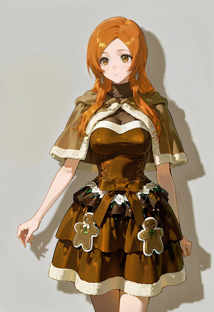 winter spice dress,brown capelet,1girl,solo, inoue_orihime