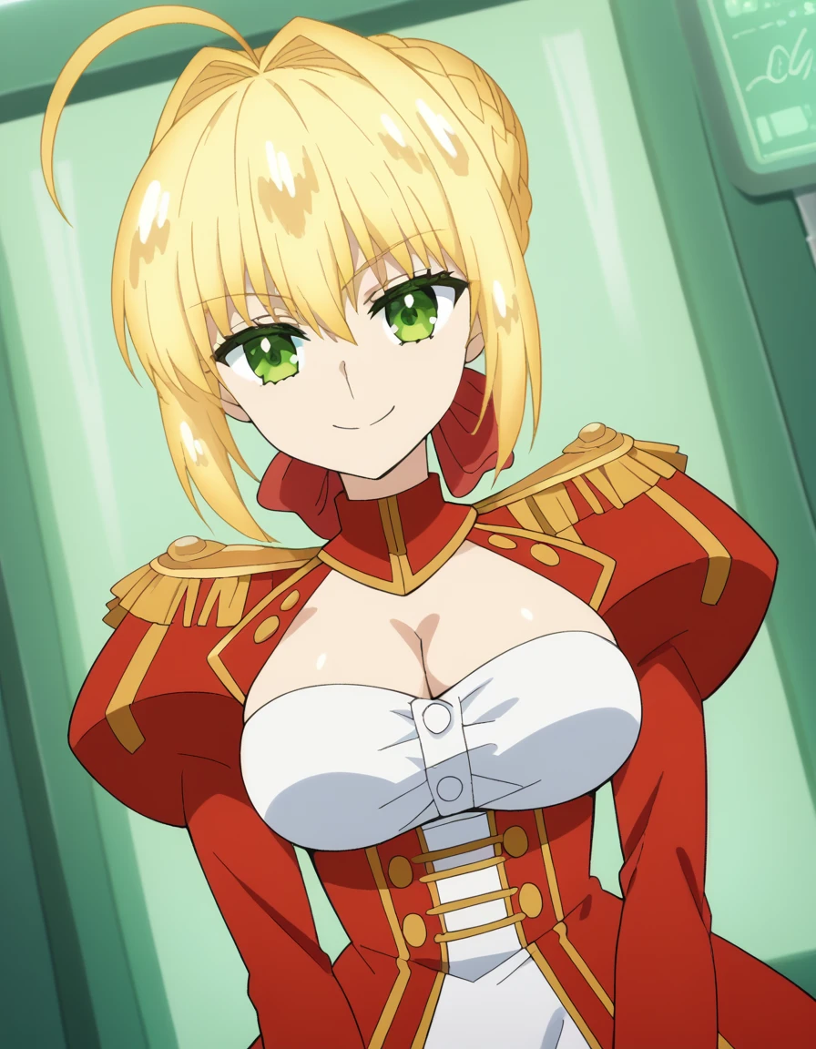 score_9, score_8_up, score_7_up, source_anime, <lora:nero-claudius-extra-s1-ponyxl-lora-nochekaiser:1>, nero claudius, ahoge, blonde hair, green eyes, hair between eyes, hair intakes, large breasts, anime screencap,, bow, braid, braided bun, buttons, cleavage, cleavage cutout, clothing cutout, dress, epaulettes, french braid, gold trim, hair bun, juliet sleeves, long sleeves, puffy sleeves, red bow, red dress, sidelocks, single hair bun,, laboratory, beakers, microscope, scientist, experiments, smile, <lora:seductive-smile-ponyxl-lora-nochekaiser:1>, seductive smile, come hither, naughty face,, looking at viewer, solo,, dutch angle, cowboy shot