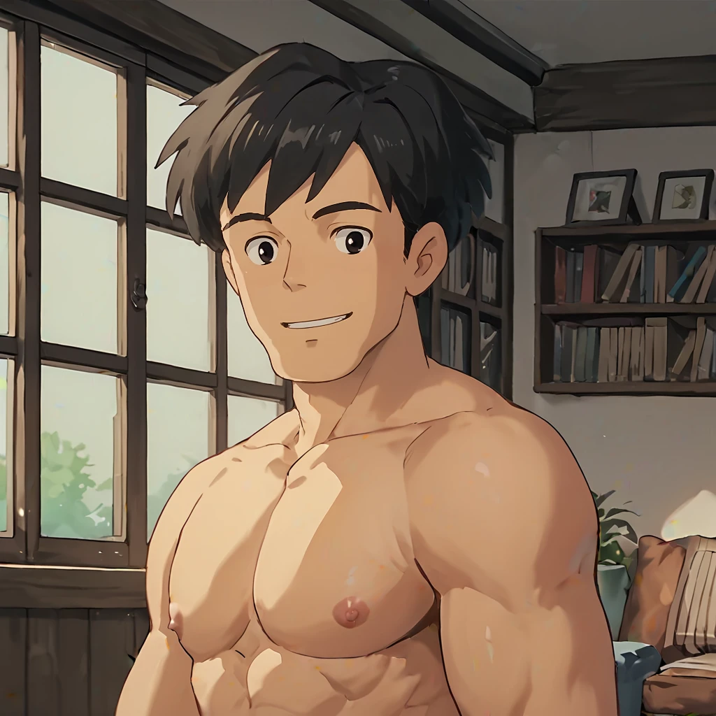 score_9, score_8_up, score_7_up, score_6_up, masterpiece, source_anime, 1boy, upper body, nude, pectorals, nipples, indoors, living room
BREAK tatsuokusakabe, black hair, black eyes, looking at viewer, smile