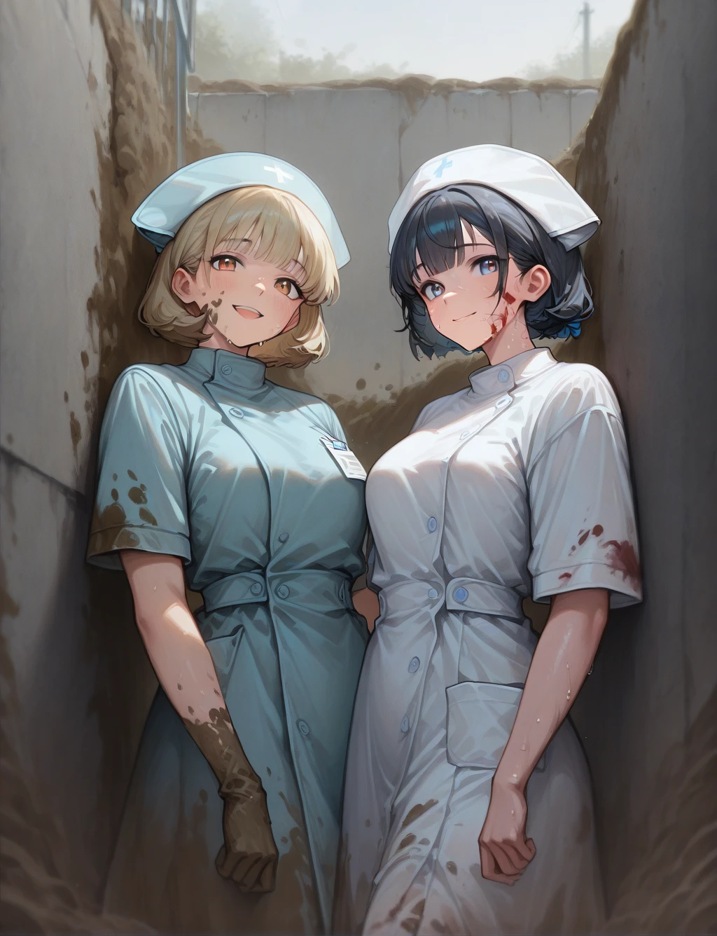 masterpiece,best quality,higres illustration,detailed face,short hair,<lora:trenchwarfare_IL:1>,trench warfare,upper body,muddy,outdoor,nurse,blood on face,sweat,hospital,smile,open eyes,concrete wall,looking at viewer,nurse cap,