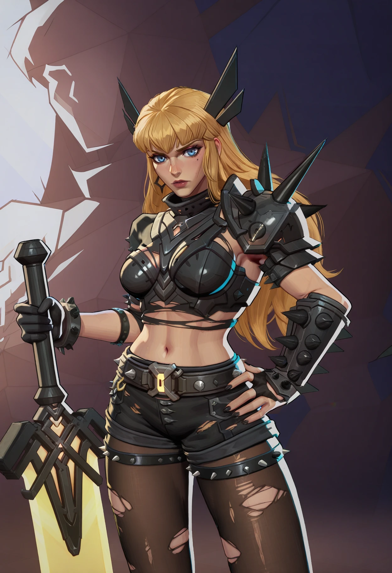 <lora:MarvelRivals:1> r1vals,
1girl, solo, weapon, blonde hair, sword, hand on own hip, long hair, navel, pantyhose, armor, shorts, holding weapon, holding, holding sword, midriff, blue eyes, breasts, torn clothes, looking at viewer, black nails, gloves, spikes, belt, single glove, shoulder armor, torn pantyhose, black shorts, black gloves