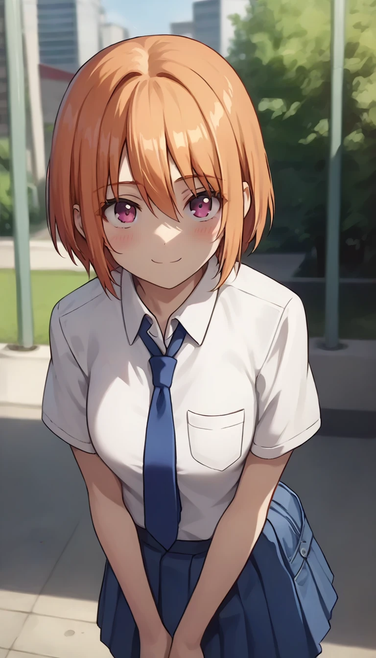 score_9,score_8_up,masterpiece,best quality,correct anatomy,anime_source,1girl,solo,perfect eyes,perfect arms,perfect legs,perfect face,outdoors,upper body,(portrait:1.5),looking at viewer,facing viewer,smile,blush,Medoki,short hair,orange hair,hair between eyes,bangs,pink eyes,school uniform,collared shirt,white shirt,blue necktie,short sleeves,medium breasts,miniskirt,blue skirt,pleated skirt,black pantyhose,loafers,<lora:Medoki(cl)-Pony:1.3>,