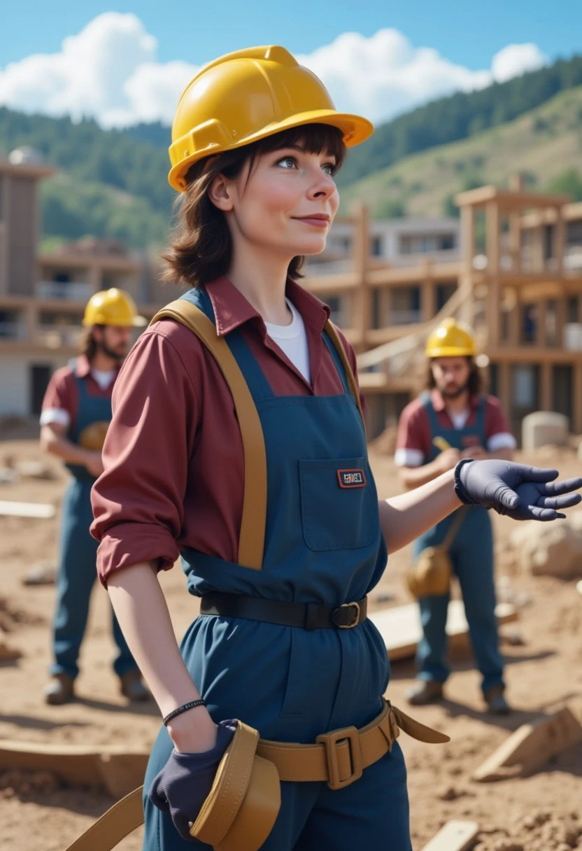 R1ra as a female construction worker on a construction site wearing a hard hat and uniform, directing other workers.