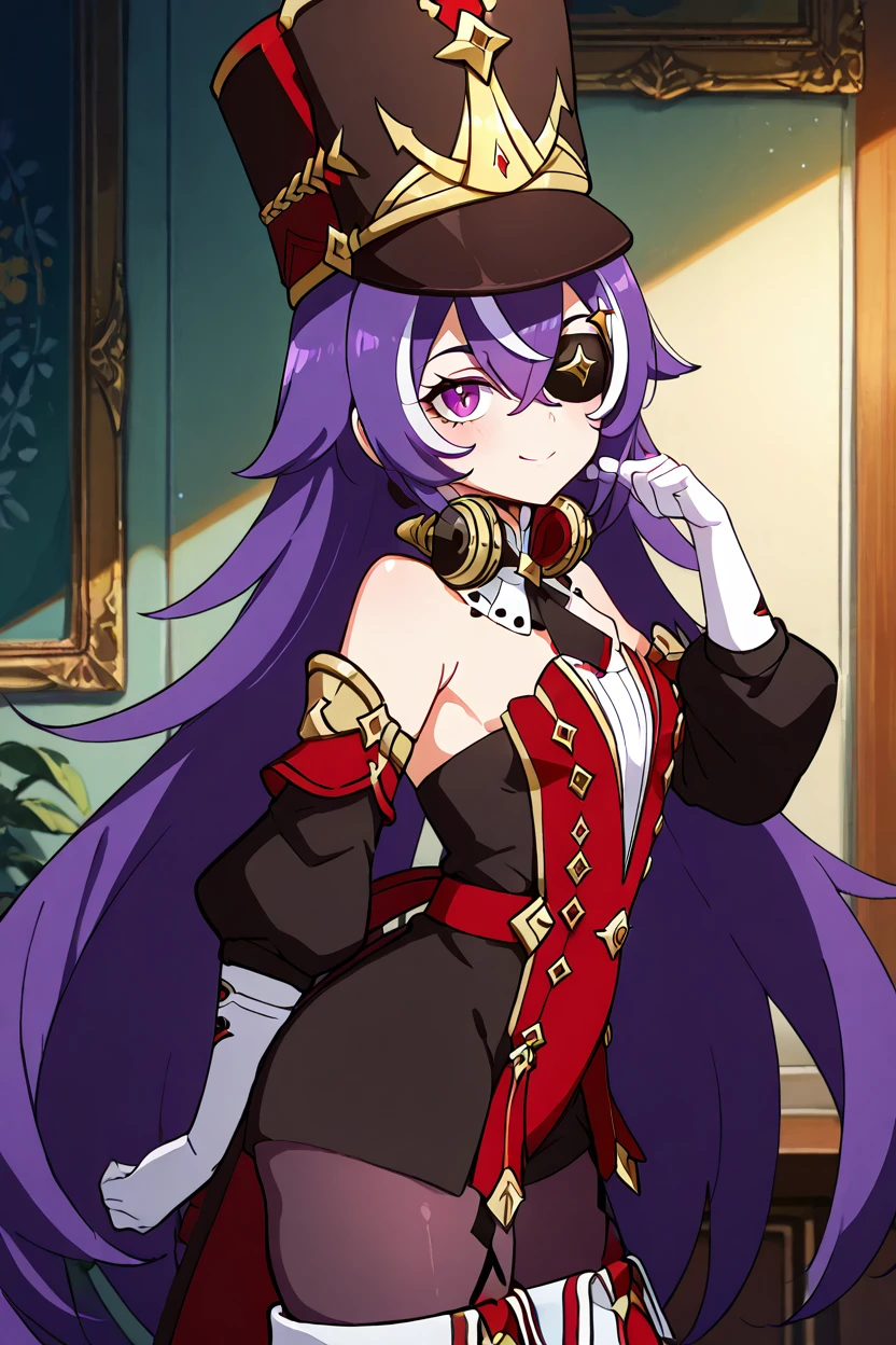 masterpiece, best quality, solo, curvy, beautiful eyes,,<lora:ChevreuseGenshinIXL:1.0>, zzChevreuse, purple eyes, hair between eyes, long hair, multicolored hair, purple hair, streaked hair, white hair, hat, earmuffs, eyepatch, bare shoulders, gold trim, white gloves, gloves, puffy detached sleeves, detached collar, pantyhose, white thigh boots, upper body, side view, smile, looking at viewer, shiny skin,<lora:DiivesIXL:1.0>,