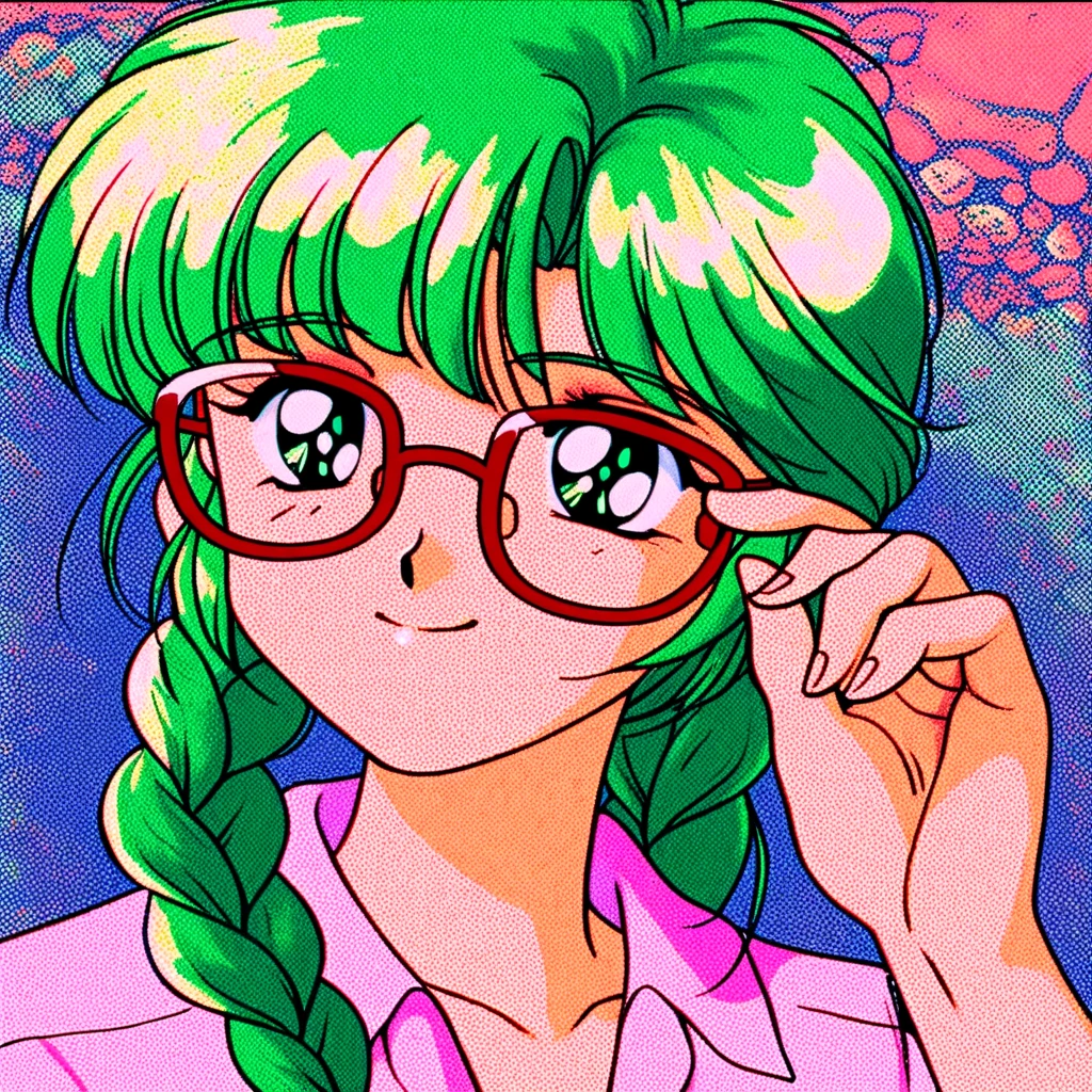 1990's PC, retro_artstyle, 1990s_(style), oldfilm, (halftone:0.3), 1girl, green hair, braid, glasses, <lora:1990sPCstyle_IL_v4:0.3>