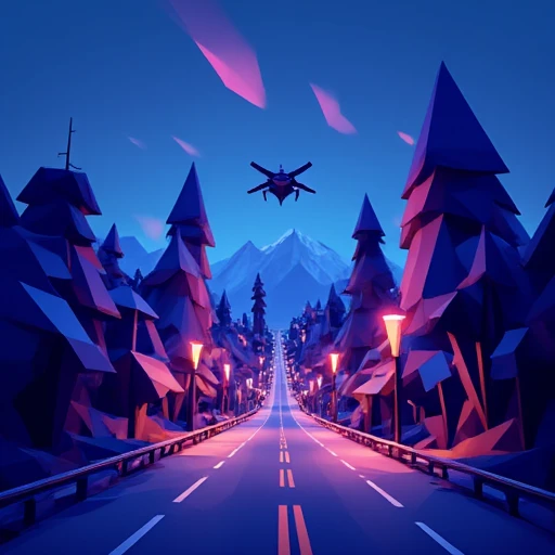 A bustling low-poly futuristic city at night, with angular skyscrapers glowing in neon colors (blue, pink, and purple). Flying cars made of geometric shapes zoom between buildings. The ground features polygonal roads and minimalistic streetlights casting sharp shadows.