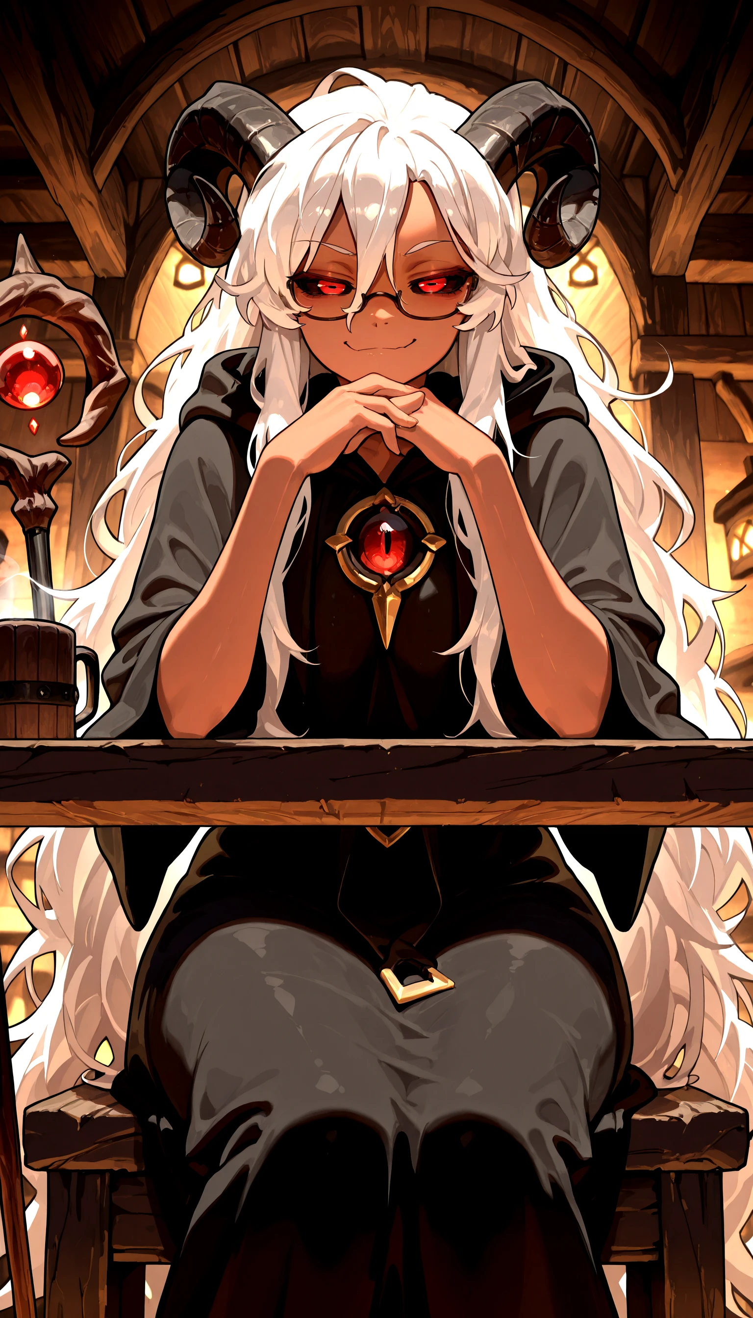 <lora:QinslethIllust_epoch_2:0.99> qinsleth, very_long_hair, messy_hair, solo
sitting, mage_staff, black_robe, semi-rimless_eyewear, mug, tavern, smug, looking_at_viewer, horns, hood_down, dark_skin,, masterpiece,best quality,absurdres, amazing quality