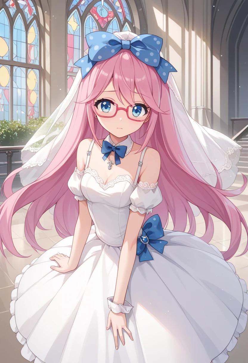 score_9, score_8_up, score_7_up, score_6_up, score_5_up, BREAK
humanluna, 1girl, solo, skirt, red-framed eyewear, long hair, blue eyes, pink hair, church, wedding dress, wedding veil, polka dot bow