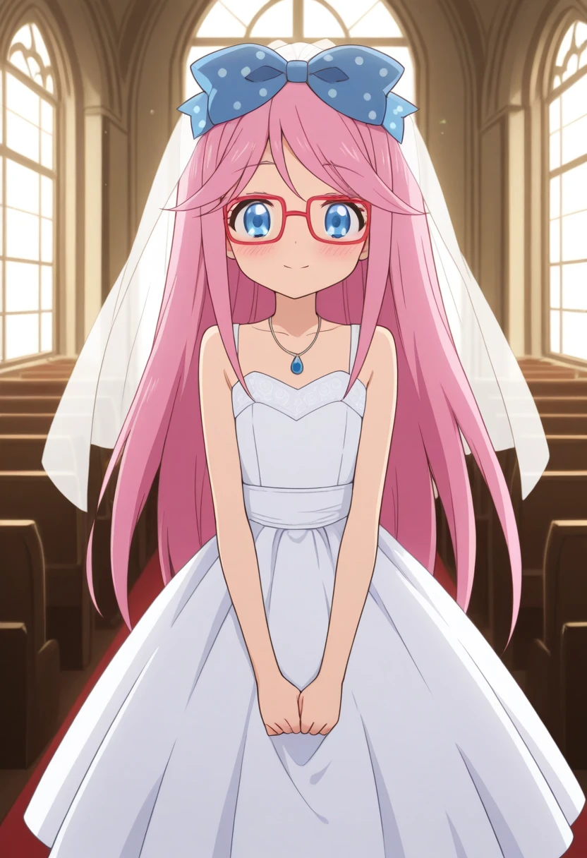 best quality, masterpiece, BREAK humanluna, 1girl, solo, skirt, red-framed eyewear, long hair, blue eyes, pink hair, church, wedding dress, wedding veil, polka dot bow