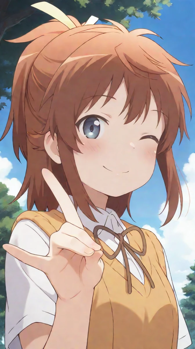 masterpiece,best quality,amazing quality,natsumi koshigaya, brown hair, long hair, 1girl, one eye closed, ribbon, blue eyes, solo, shirt, smile, day, neck ribbon, outdoors, white shirt, sweater vest, blush, collared shirt, closed mouth, yellow ribbon, sky, blue sky, looking at viewer, school uniform, ponytail, brown ribbon, upper body, tree, cloud, short sleeves, hair ribbon, fox shadow puppet, sidelocks<lora:Natsumi_illustrious_0001:0.9>,