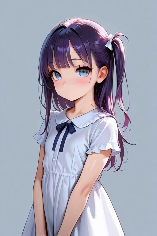 masterpiece,amazing quality,best quality,ultra-detailed,8K,illustration,CG,shiny hair,clear skin,ultra-detailed-eyes,simple background,cute girl, petite girl,eyelashes,kawaii,purple hair,long hair,one side up hair,bangs,white-blue eyes,small breasts,real skin, <lora:jyoji one piece_illustrious_V1.0:0.7> jyojifuku, dress, short sleeves,ribbon,frills