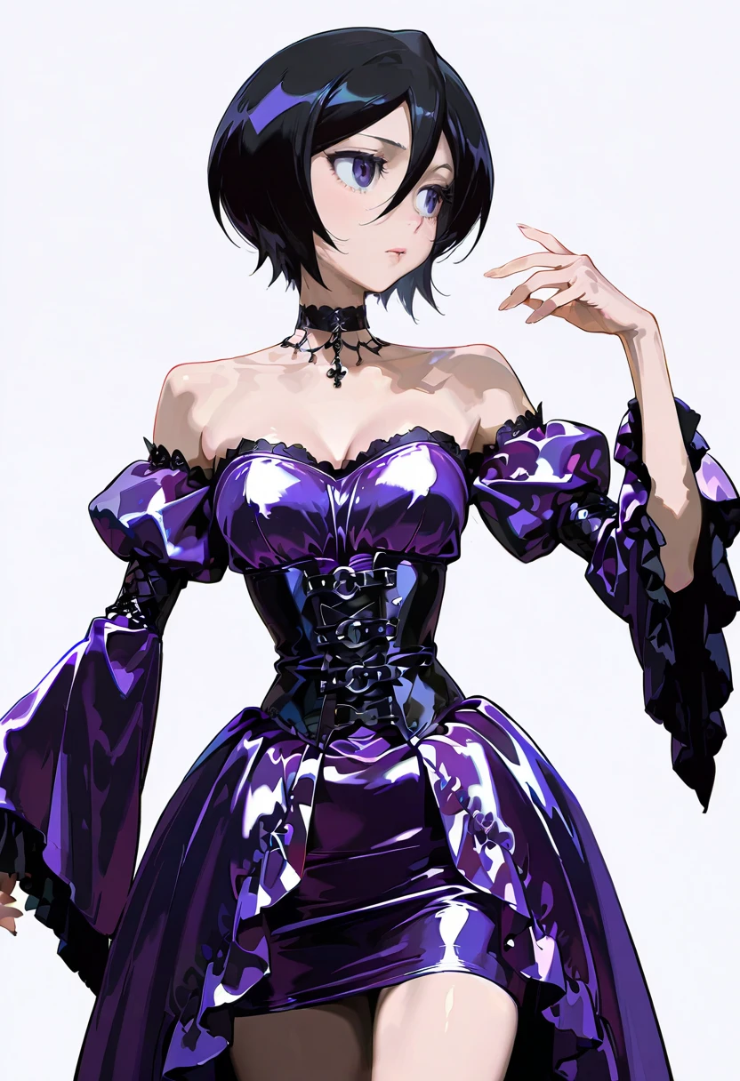 chrushed velvet dress,wide sleeves, purple dress, choker, corset,1girl,solo, kuchiki_rukia