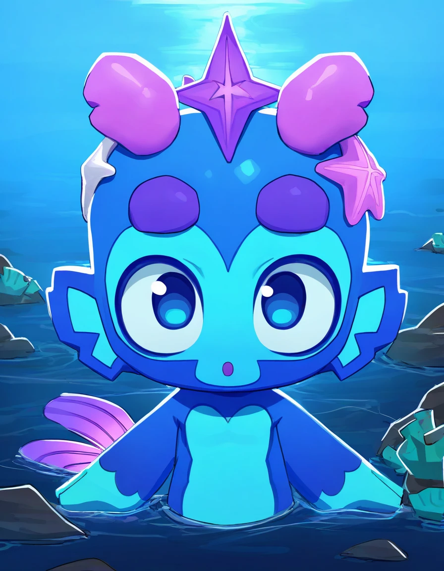 (tier/0/0/0/mermonkey), mermaid, kneeless mermaid, solo, open mouth, blue eyes, 1boy, straight-on, partially submerged, upper body, head focus, [wide shot], (cropped head), purple hair, male focus, :o, colored skin, looking at viewer, thick eyebrows, fins, blue skin, head fins, starfish on side of the head, [chibi],
(detailed background), ocean, sky, island behind, daytime, masterpiece, best quality, very awa