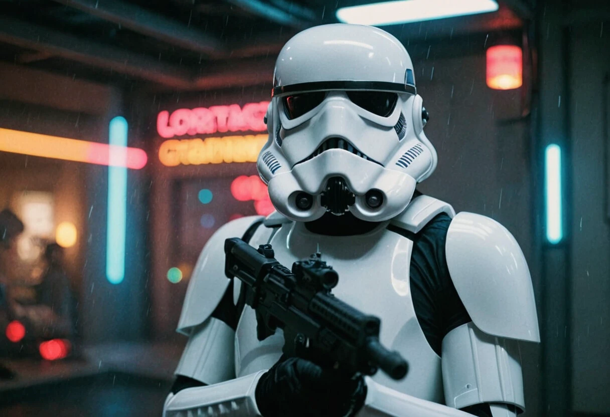 cinematic film still, Storm Trooper, colored lights, amazing quality, wallpaper, analog film grain <lora:aesthetic_anime_v1s:0.5> <lora:add-detail-xl:1.1>