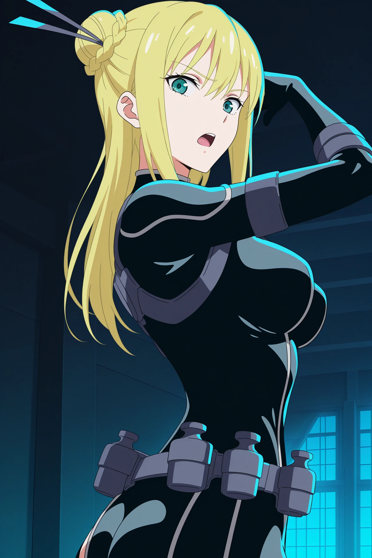 masterpiece, best quality, amazing quality, highres, absurdres, very aesthetic, high resolution, ultra detailed, perfect details, 1girl, solo, indoors, warehouse, night, medium breasts, nancy lee, blonde hair, long hair, hair ornament, single hair bun, braided bun, green eyes, bodysuit, utility belt, thigh cutout, ass cutout, high heels, <lora:Nancy_Lee_ILXL:0.8>, (upper body:1.5), looking at viewer, anime screencap, open mouth, (pose:1.5)