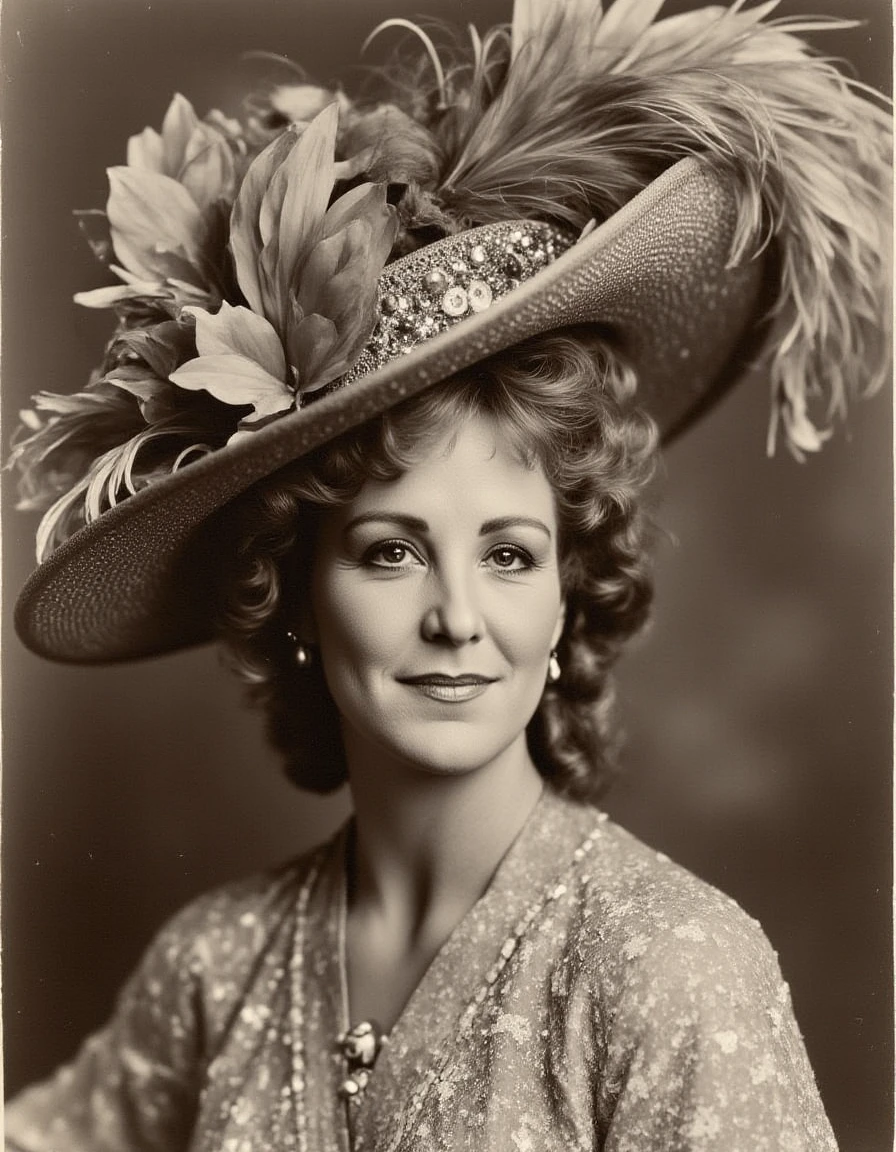 <lora:joanna-kerns-flux:1.2> daguerreotype festive portrait wearing a large fancy ornate hat with feathers and leaves