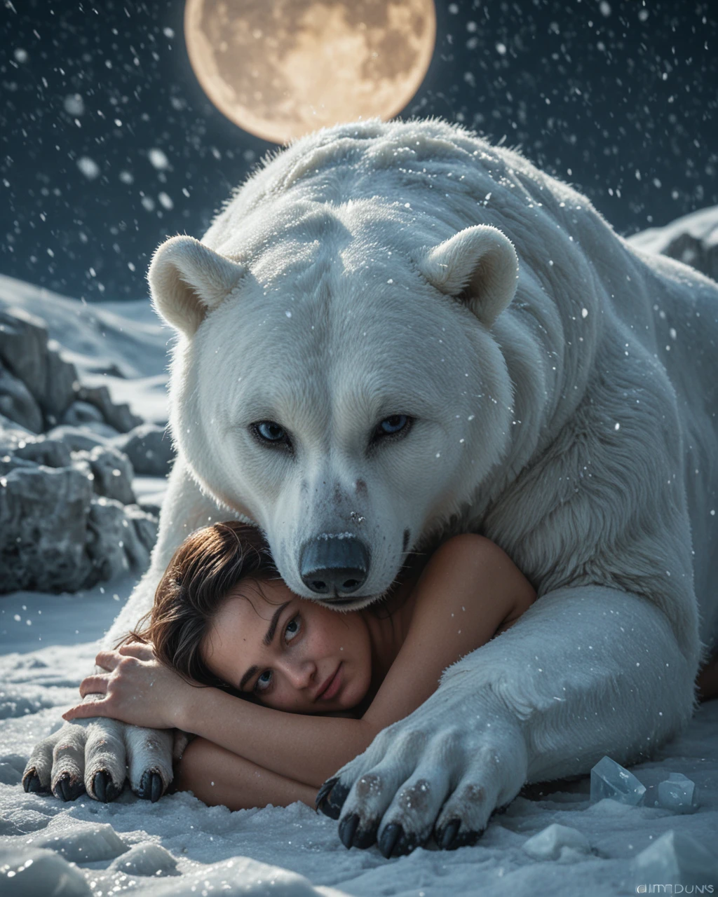 1girl, woman emerging from white fur, ice, realistic, arctic, glittering, snowing, highly detailed, moon, mystical landscape, snow dunes, winter, freezing, calm, naked, white body, snow body, sfw, rating_safe, ice desert, laying, hugging polar bear, guarded, score_9, score_8_up, score_7_up, score_6_up, score_5_up, score_4_up, 