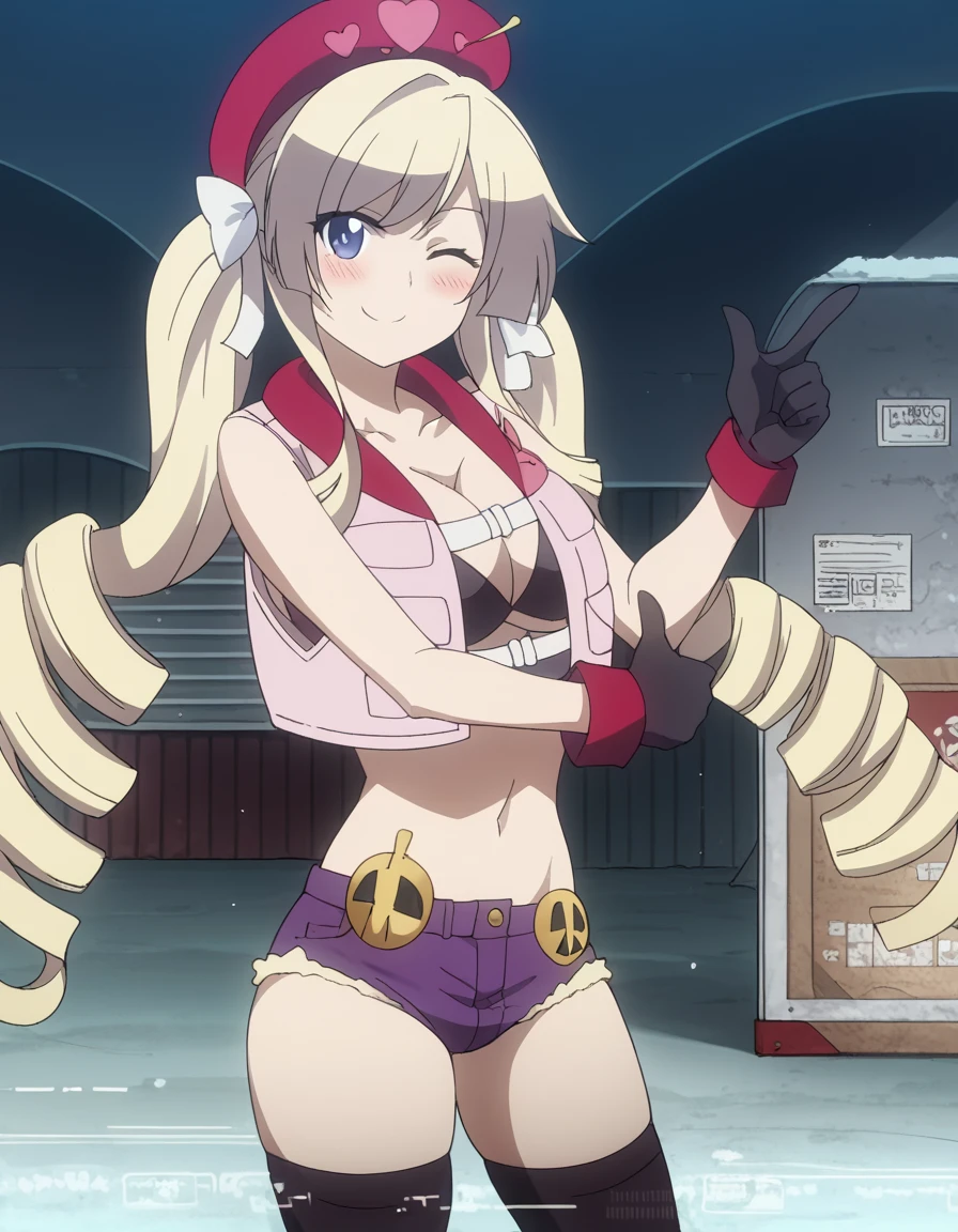 score_9, score_8_up, score_7_up, source_anime, <lora:heavyobject-monica-s1-ponyxl-lora-nochekaiser:1>, monica, long hair, bangs, blue eyes, blonde hair, twintails, large breasts, very long hair, hair ribbon, sidelocks, drill hair, white ribbon, anime screencap,, thighhighs, gloves, hat, navel, cleavage, underwear, collarbone, heart, shorts, sleeveless, black gloves, midriff, black thighhighs, stomach, bra, see-through, short shorts, beret, black bra, red headwear, denim shorts, pink headwear, purple shorts, hangar, planes, large, storage, aviation, , <lora:double-finger-gun-ponyxl-lora-nochekaiser:1>, double finger gun,, blush, smile, one eye closed, from side, looking at viewer, solo,, dutch angle, cowboy shot