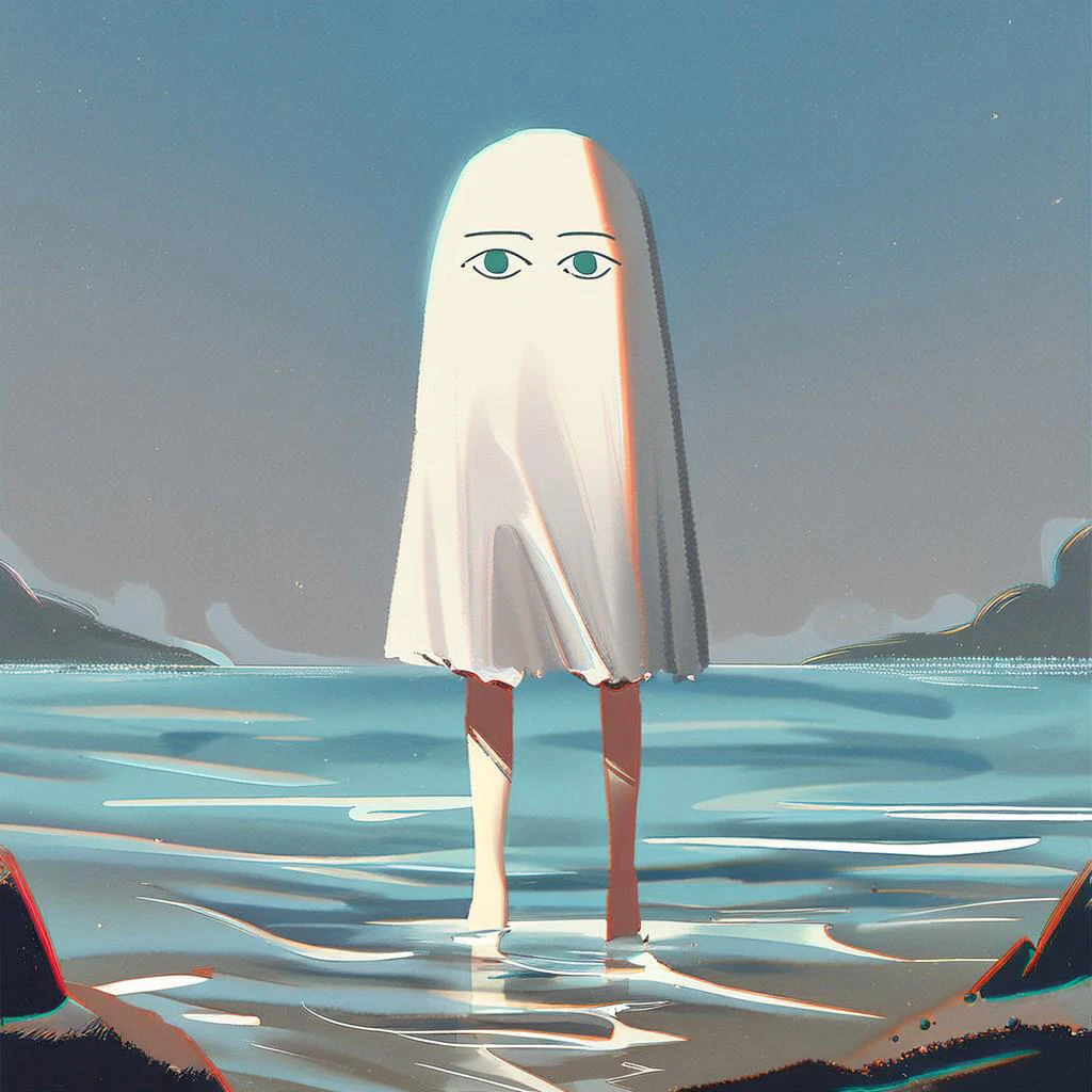 score_9, score_8_up, score_7_up, 
source_anime, Medjed, solo, soaking feet, water, full body, standing, looking at viewer, bare legs, outdoors, blue sky, horizon, beach,