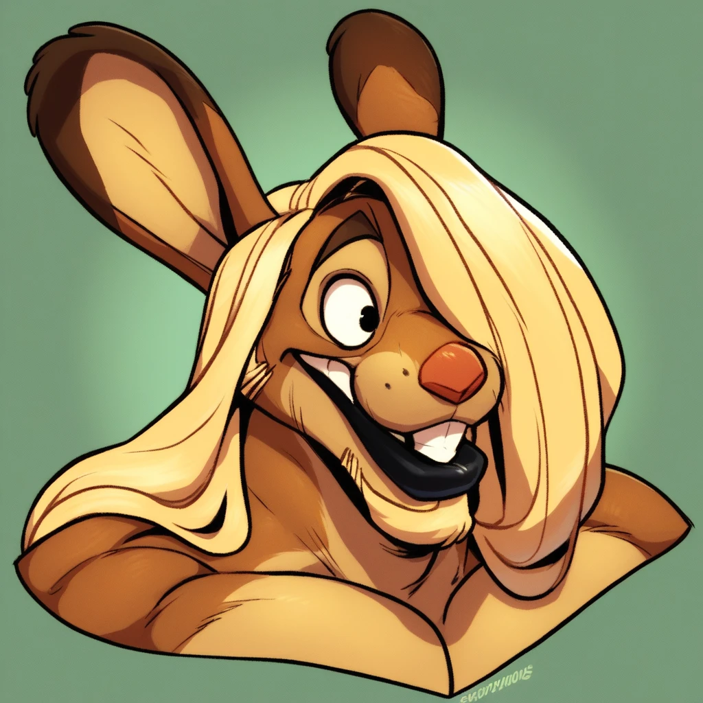 score_9, score_8_up, score_7_up, score_6_up, score_5_up, score_4_up, furry male, headshot, facing left, anthro rabbit, brown fur, blonde hair, long hair, hair covering one eye, Fur-GnS, Goatee, Chin Goatee, Facial Hair, Sideburns, muttonchops, hyper muscles, buck teeth