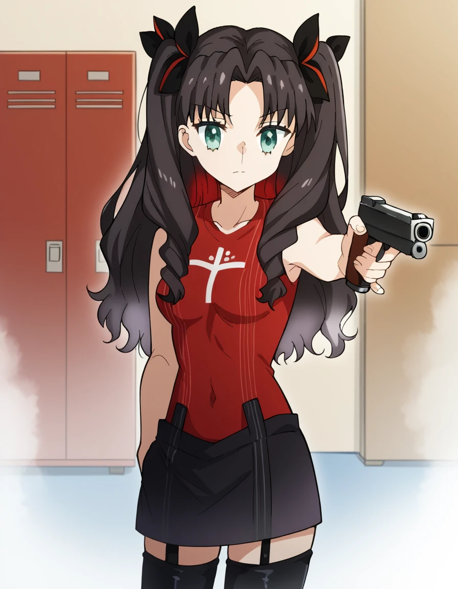 score_9, score_8_up, score_7_up, source_anime, <lora:rin-tohsaka-extra-s1-ponyxl-lora-nochekaiser:1>, rin tohsaka, long hair, green eyes, black hair, ribbon, hair ribbon, red hair, two side up, medium breasts, parted bangs, two-tone hair,, skirt, shirt, thighhighs, sleeveless, black thighhighs, miniskirt, black skirt, zettai ryouiki, sleeveless shirt, covered navel, garter straps, red shirt,, locker room, lockers, benches, towels, showers, , <lora:yusuf-dikec-ponyxl-lora-nochekaiser:1> yusuf dikec, yusuf dikec (meme), meme, hand in pocket, handgun, holding gun, gun, shirt, t-shirt, pants, audience, cowboy shot,, looking at viewer, solo,, dutch angle, cowboy shot