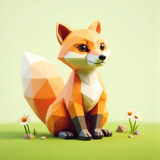 A playful low-poly fox sitting in a grassy field, its body composed of sharp triangles and polygons. Bright orange fur with white and black accents, minimalistic yet expressive eyes, and a geometric bushy tail. The field has a few low-poly flowers and small rocks scattered around