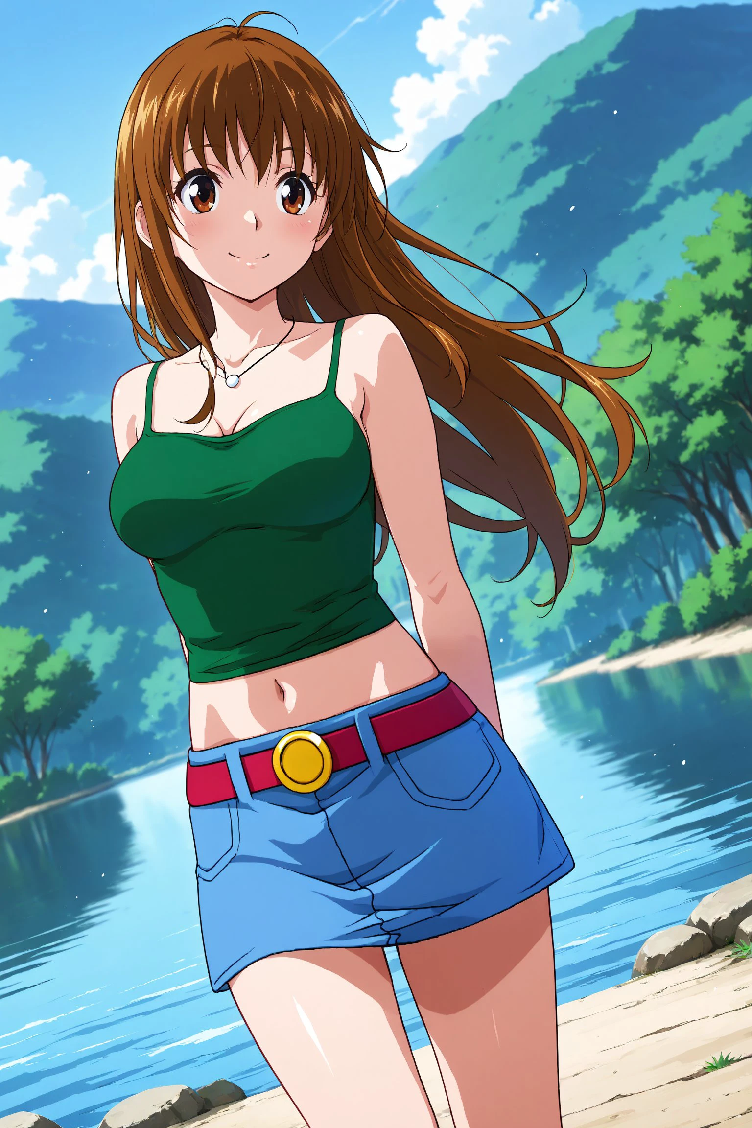 depth of field,light particle,light dramatic,high quality,masterpiece,anime screen capture, danbooru,BREAK one girl, dutch angle, BREAK Megumi, brown hair, long hair, brown eyes, gold buckle, green camisole, necklace, denim skirt, belly button, red belt, BREAK standing, hands behind back, smiling, mouth open, BREAK campsite, lakeside, sunny day