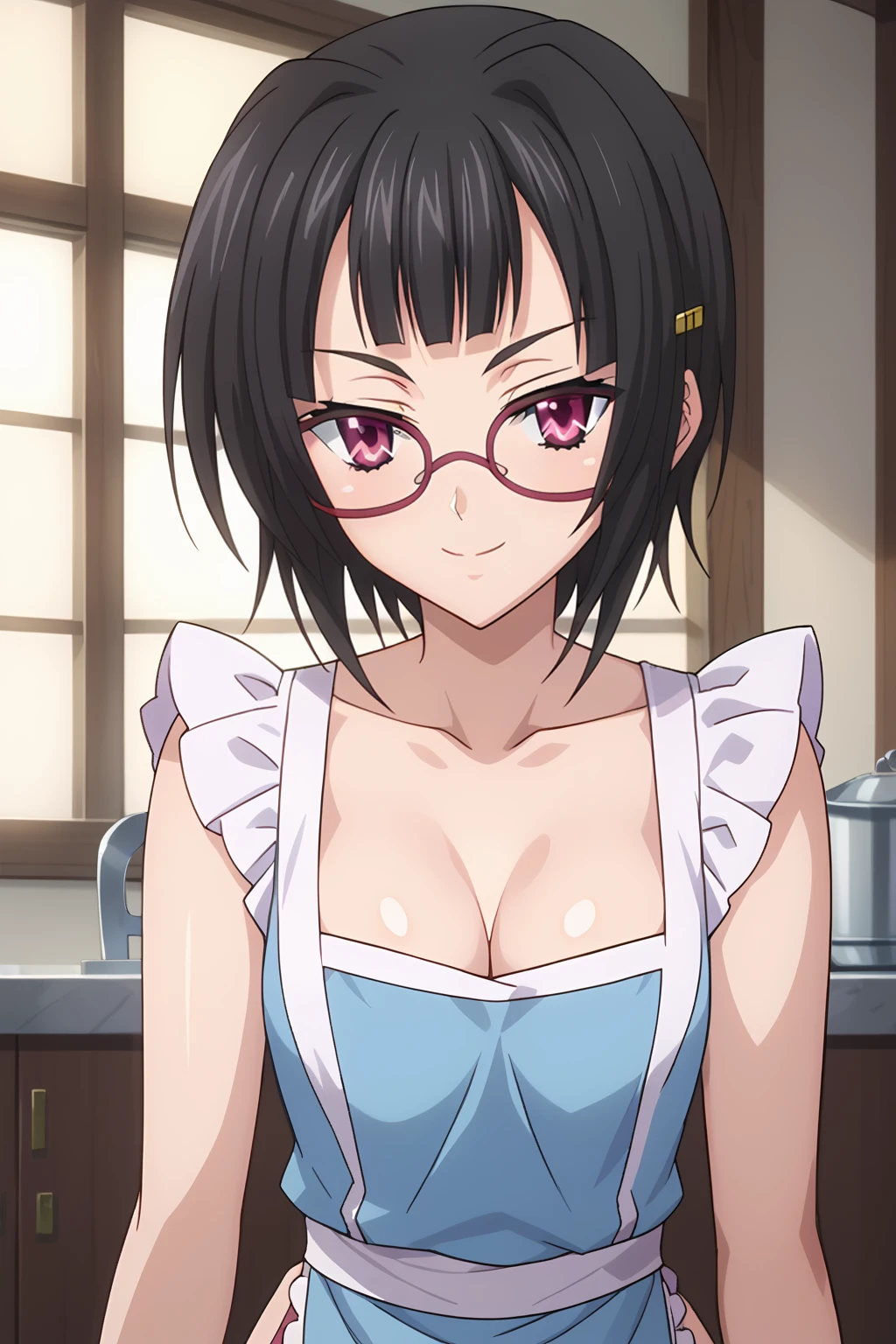 score_9, score_8_up, score_7_up, source anime, prefect lighting, very aesthetic, BREAK, anime screencap, anime coloring, sona-dxd, dxd-uniform, 1girl, glasses, black hair, short hair, pink eyes, magenta eyes, intelligent eyes, small breasts, smile, naked apron, apron, cleavage, indoors, cup, anime-style eyes, anime_style, cowboy shot