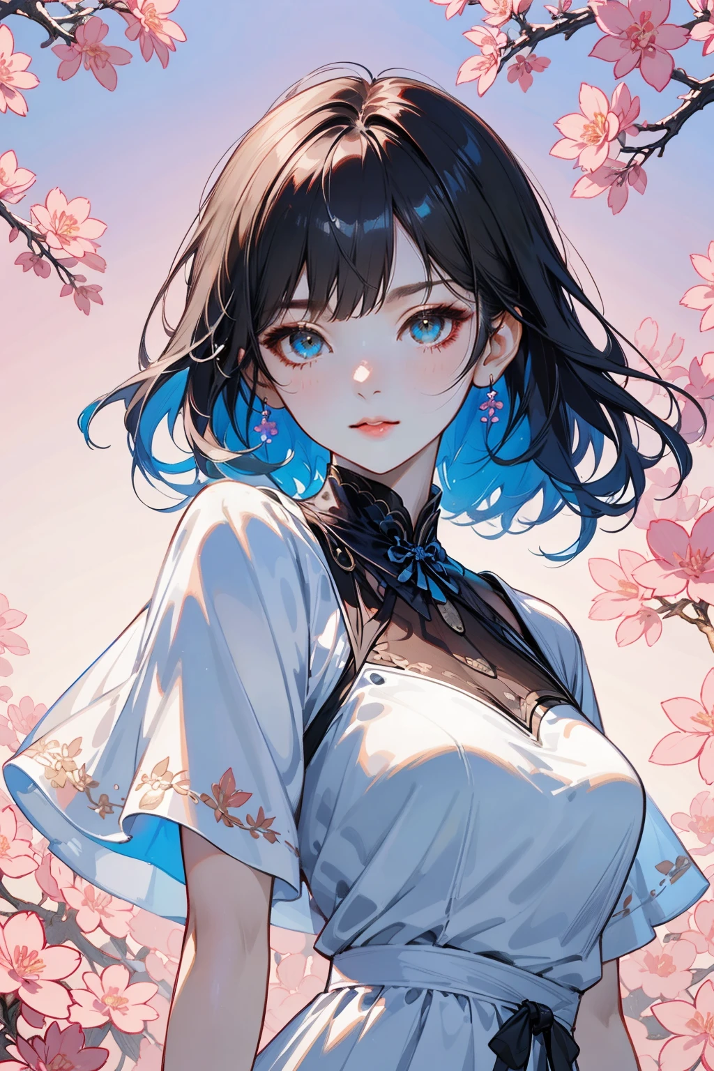 hezi,brilliant color,brush texture,beauty,solo,a woman in a white dress standing in front of a tree with pink flowers on it and a blue sky,Chizuko Yoshida,rossdraws global illumination,a detailed painting,,<lora:纯彩ç»ä¸½è´¨æ-000016:0.65>,