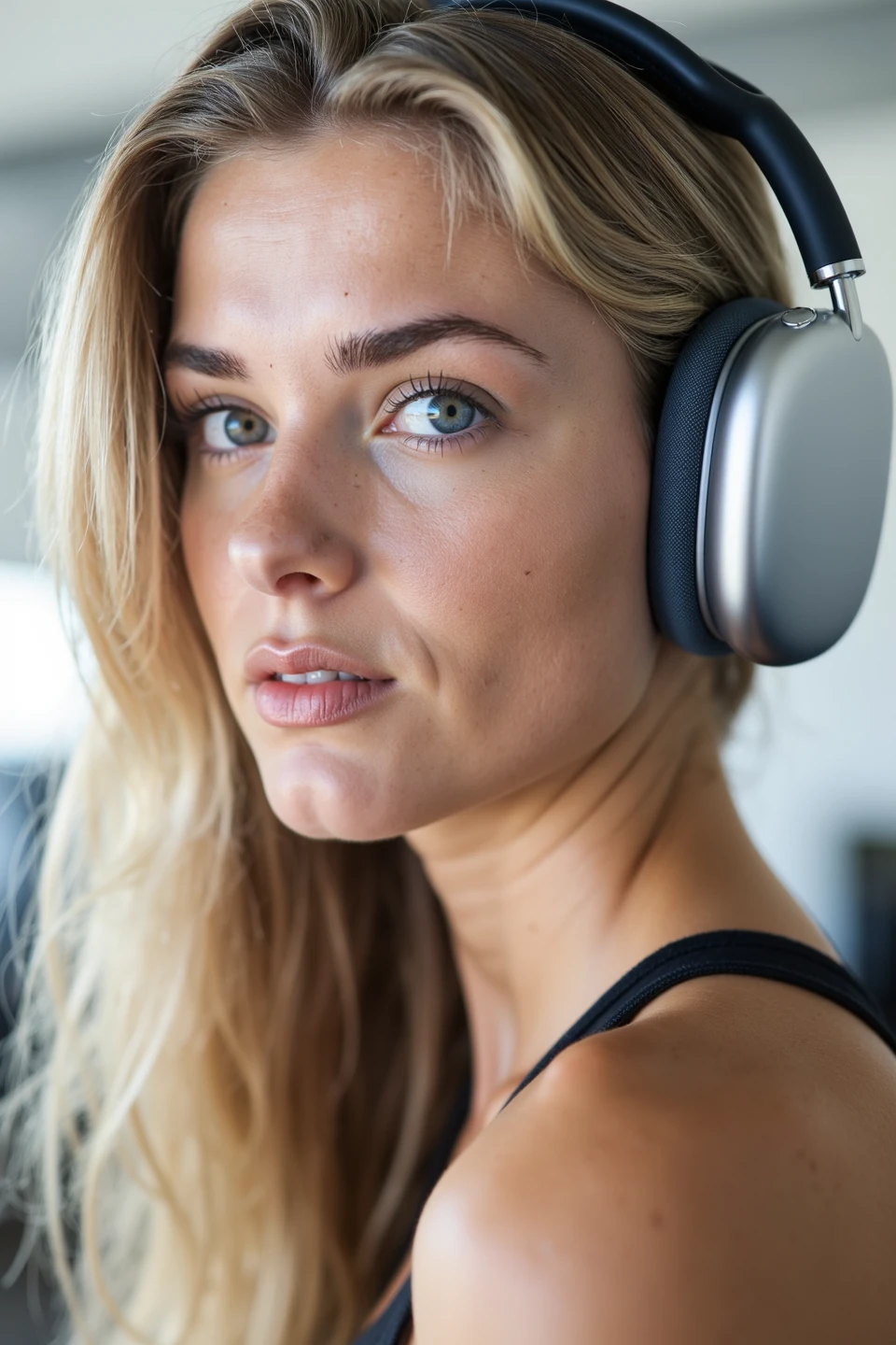 appleapm, an athletic blonde girl wearing a pair of wireless sleek, modern over-ear headphones. she has blue eyes, a closed mouth and is looking at the camera, no depth of field. <lora:WirelessHeadphonesFlux:0.8>