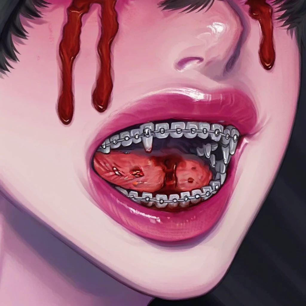 blood, solo, tongue out, lips, no humans, pink skin, black hair, male focus, uvula, braces