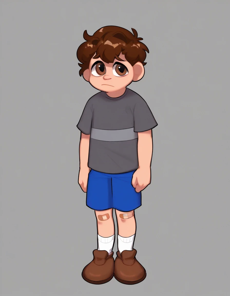 Crying_Ch1ldFNAF, solo, short hair, brown hair, shirt, 1boy, brown eyes, standing, full body, short sleeves, male focus, shoes, shorts, socks, brown footwear, white socks, bandaid, grey shirt, blue shorts, bandaid on leg