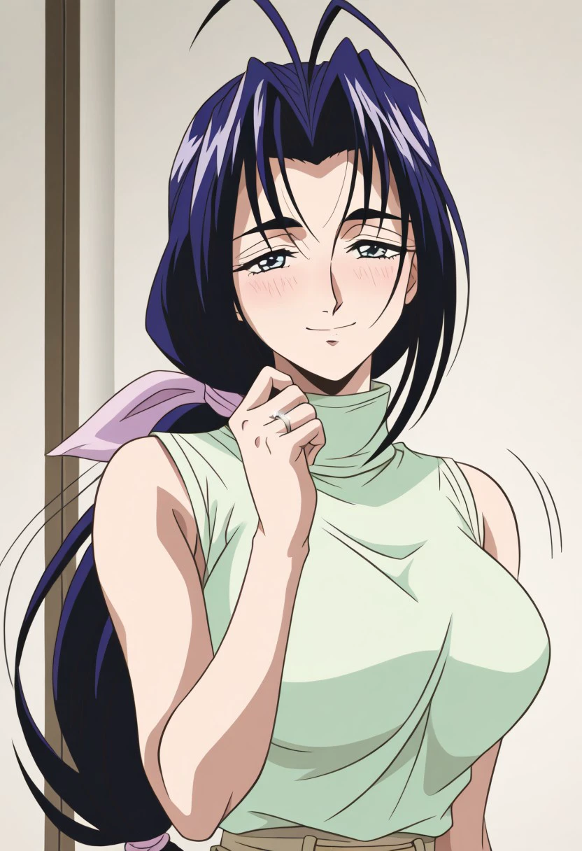 masterpiece, best quality, newest, highres, uncensored, 1girl, yokota mamoru style,1girl, slender face,motion lines,blush,looking at the viewers,torogao,seductive smile
Amou Miyuki OVA,Black Hair, Blue Hair, Curtained Hair, Parted in Middle, Ponytail, Waist Length Hair,Blue Eyes, Tareme Eyes,Big Breasts,
1girl,turtleneck, sleeveless, sleeveless turtleneck, sleeveless shirt, green shirt, indoors, looking at viewer, smile, closed mouth, upper body, close-up, hand up, kyubiwa, silver wedding ring, jewelry,