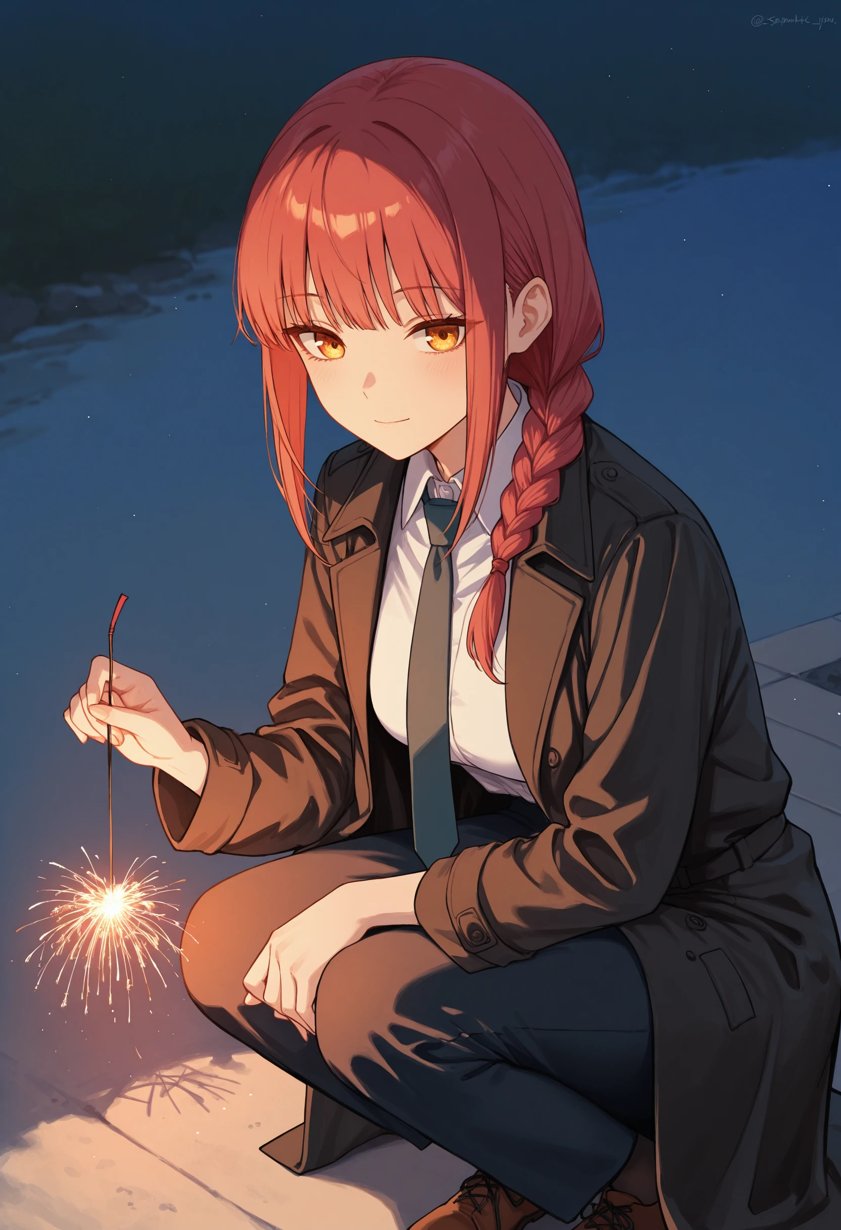 masterpiece, best quality, absurdres, safe
1girl, makima, senkou hanabi, holding fireworks, sparkler, white shirt, black coat, squatting, necktie
<lora:senkou_hanabi_il_d16:1>