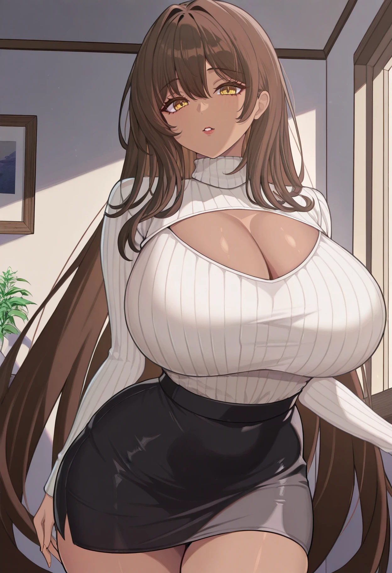 masterpiece, best quality, hires, absurdres, newest, 1girl, solo, <lora:noir-nikke-richy-v1_ixl:1> noirrnd, yellow eyes, dark skin, brown hair, very long hair, huge breasts, curvy, turtleneck sweater, ribbed sweater, white sweater, indoors, looking at viewer, parted lips, cleavage cutout, black skirt, pencil skirt