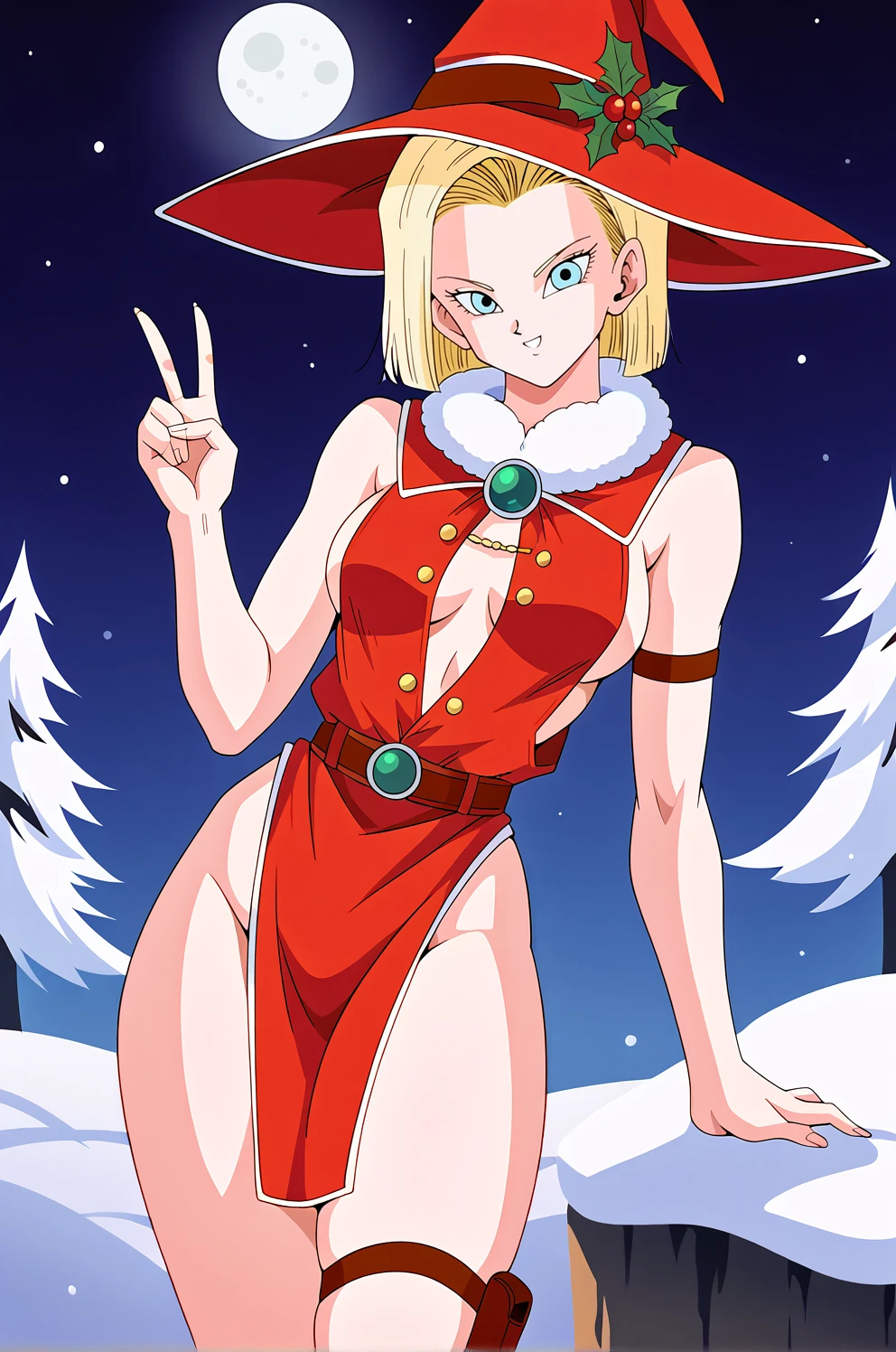 score_9,score_8_up,score_7_up BREAK a18,(retro artstyle:0.7),1girl, blonde hair,christmas, light blue eyes,fur trim,white fur trim, short hair, smile,mage outfit,red tabard , red witch hat, contrapposto,red vest,( center opening:1.1), red pelvic curtain,brown belt, green belt gemstone, medium breasts, v, peace sign,,thigh strap,sideboob, full moon,pine tree, looking at viewer,belt,facing viewer,buttons,witch hat, hand behind back, snow,hand up,large breasts,green brooch, leaf hat ornament, bare shoulders,white neck fur, <lora:SexyMageOutfitPony:0.9> <lora:Android18Pony:1>