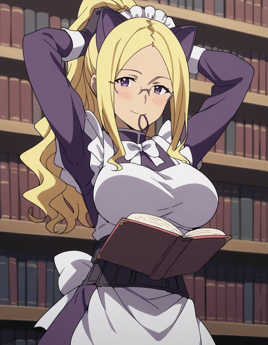 score_9, score_8_up, score_7_up, source_anime, <lora:wydine-uptown-s1-ponyxl-lora-nochekaiser:1>, wydine uptown, long hair, blonde hair, purple eyes, large breasts, anime screencap,, gloves, animal ears, cat ears, maid, maid headdress,, library, reading books, glasses, quiet, focused, shelves of books, smile, <lora:hair-tie-in-mouth-ponyxl-lora-nochekaiser:1>, hair tie in mouth, hair tie, mouth hold, rubber band, blush, tying hair, adjusting hair, hands in hair, arms up, arms behind head, ponytail, hand in own hair, hair lift, cowboy shot, looking at viewer, looking at viewer, solo,, dutch angle, cowboy shot