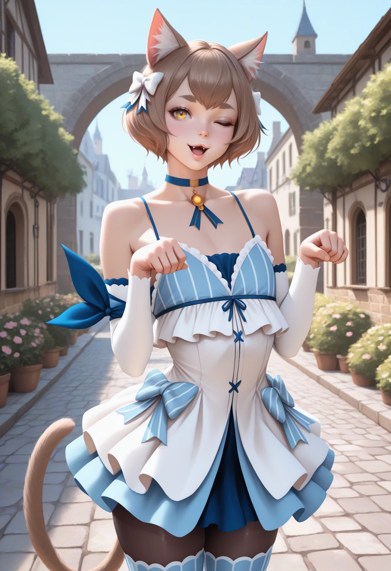 masterpiece, best quality, realistic, male focus, solo, 1boy, flxrgl, cat tail, otoko no ko, :3, open mouth, looking at viewer, standing, hands up, paw pose, short hair, brown hair, bob cut, hair bow, white bow, animal ears, yellow eyes, thick eyebrows, one eye closed, short dress, layered dress, blue dress, white dress, vertical-striped dress, frilled dress, spaghetti strap, bolo tie, dress bow, detached sleeves, arm ribbon, blue ribbon, thighhighs over pantyhose, blue thighhighs, vertical-striped thighhighs, black pantyhose, blue choker, bare shoulders, outdoors, blue sky, arch, flower, bush, tree, cobblestone, town
<segment:yolo-face_yolov8m.pt,0.4,0.5//cid=1>