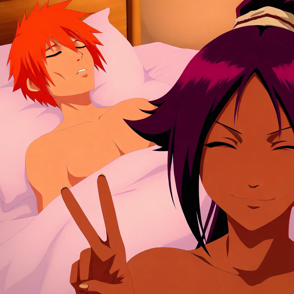 Masterpiece, best quality, anime, anime style, GuyTiredAfterShrex-IL 1girl, Yoruichi, dark-skinned female, purple hair, ponytail, standing, peace sign, BREAK 1boy, orange hair, Ichigo Kurosaki, tired, lying, lying on bed, closed eyes,