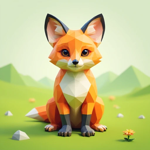 A playful low-poly fox sitting in a grassy field, its body composed of sharp triangles and polygons. Bright orange fur with white and black accents, minimalistic yet expressive eyes, and a geometric bushy tail. The field has a few low-poly flowers and small rocks scattered around