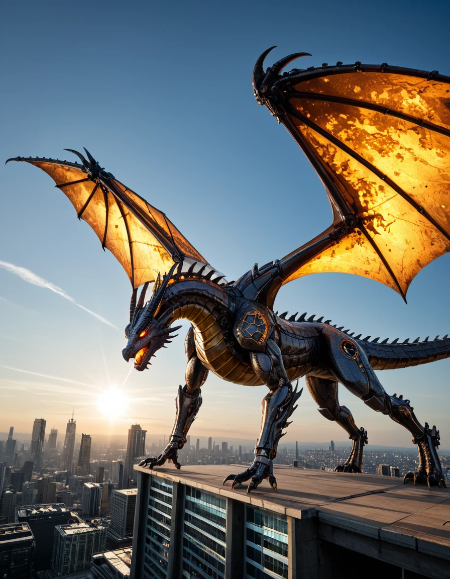 score_9, score_8_up, score_7_up, Mechanical Dragon in a Metallic Sky, A massive mechanical dragon soaring through a sky made of shifting metal and gears, with glowing eyes and a body crafted from polished steel, brass, and glowing energy cores. Its wings flap, sending sparks into the air. Below, a vast futuristic cityscape can be seen. The scene features ultra-detailed textures, dramatic lighting, and metallic reflections that enhance the high-tech, steampunk vibe of this epic creature.