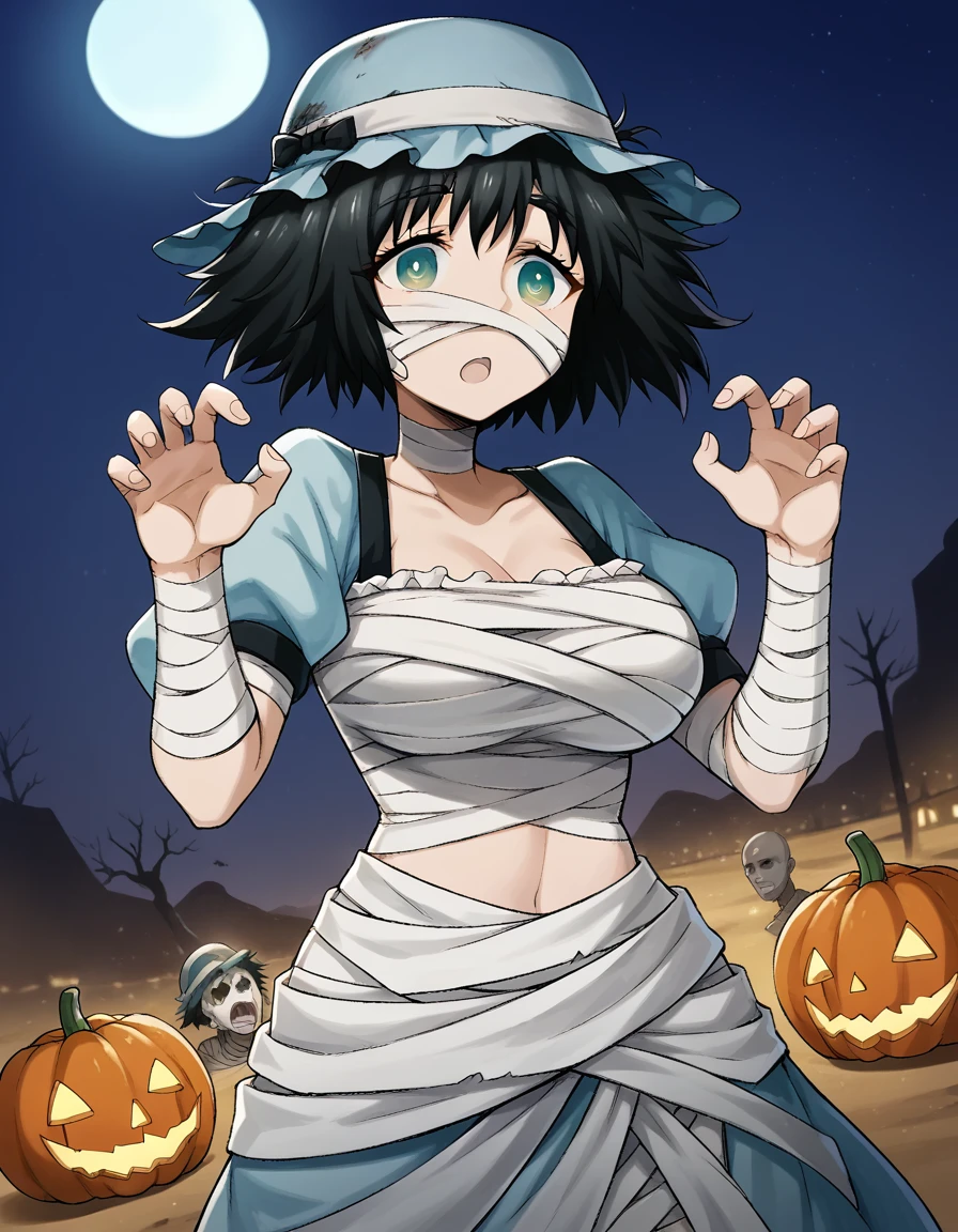 score_9, score_8_up, score_7_up, source_anime, <lora:mayuri-shiina-ingame-ponyxl-lora-nochekaiser:1>, mayuri shiina, black hair, green eyes, messy hair, short hair, hat, blue hat, large breasts,, <lora:mummy-costume-ponyxl-lora-nochekaiser:1>, mummy costume, bandages, halloween costume, bandaged arm, zombie pose, bandage on face,, desert, moon, night, open mouth, , dutch angle, cowboy shot