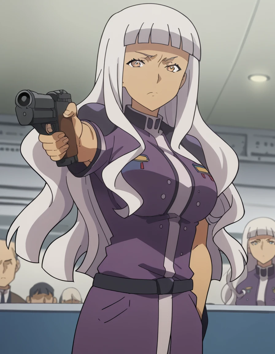 score_9, score_8_up, score_7_up, source_anime, <lora:lendy-farolito-s1-ponyxl-lora-nochekaiser:1>, lendy farolito, long hair, bangs, white hair, blunt bangs, grey eyes, large breasts, anime screencap,, uniform, military, military uniform, museum, exhibits, art, history, visitors, , <lora:yusuf-dikec-ponyxl-lora-nochekaiser:1> yusuf dikec, yusuf dikec (meme), meme, hand in pocket, handgun, holding gun, gun, shirt, t-shirt, pants, audience, cowboy shot,, looking at viewer, solo,, dutch angle, cowboy shot