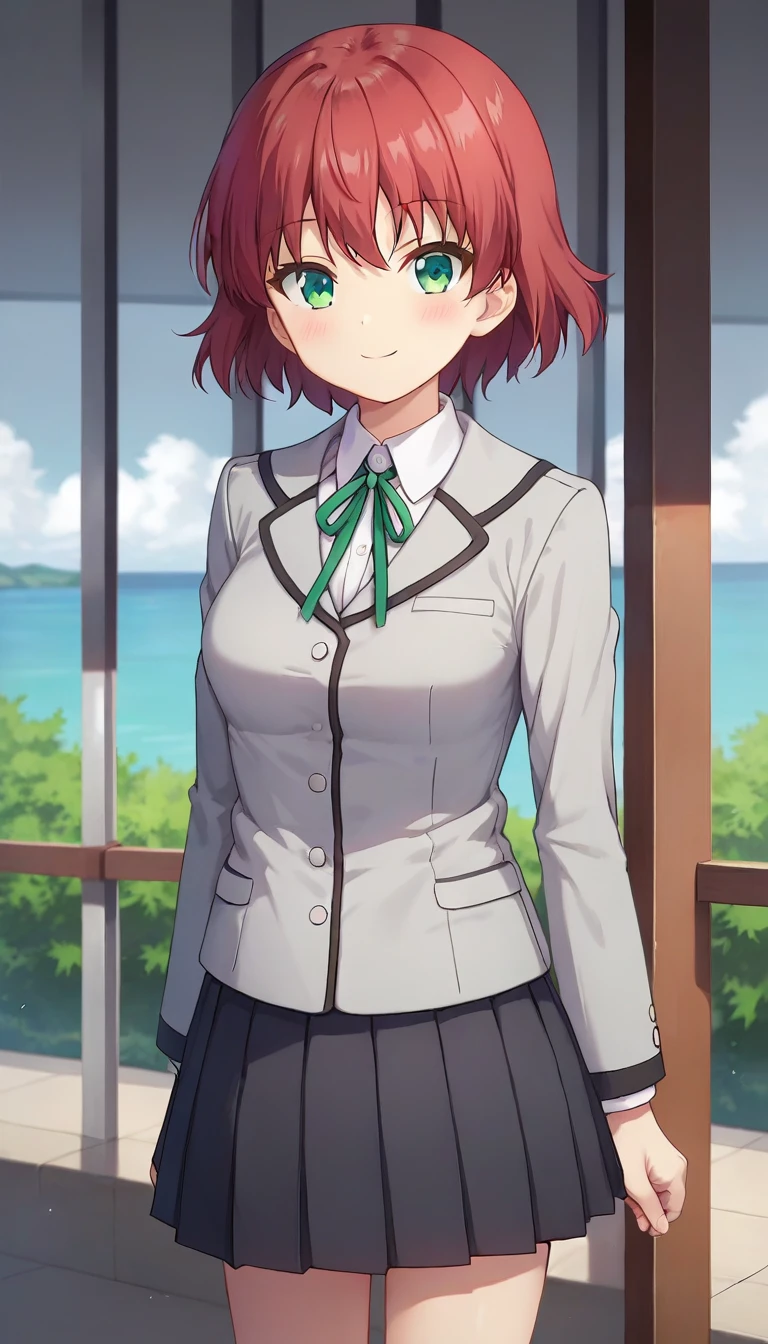 score_9,score_8_up,masterpiece,best quality,correct anatomy,anime_source,1girl,solo,perfect eyes,perfect arms,perfect legs,perfect face,outdoors,upper body,(portrait:1.5),looking at viewer,facing viewer,smile,blush,Mishima,red hair,short hair,sidelocks,bangs,green eyes,school uniform,grey jacket,blazer,collared shirt,white shirt,neck ribbon,green ribbon,long sleeves,medium breasts,miniskirt,black skirt,pleated skirt,white socks,loafers,black footwear,<lora:Mishima(cl)-Pony:1.2>,