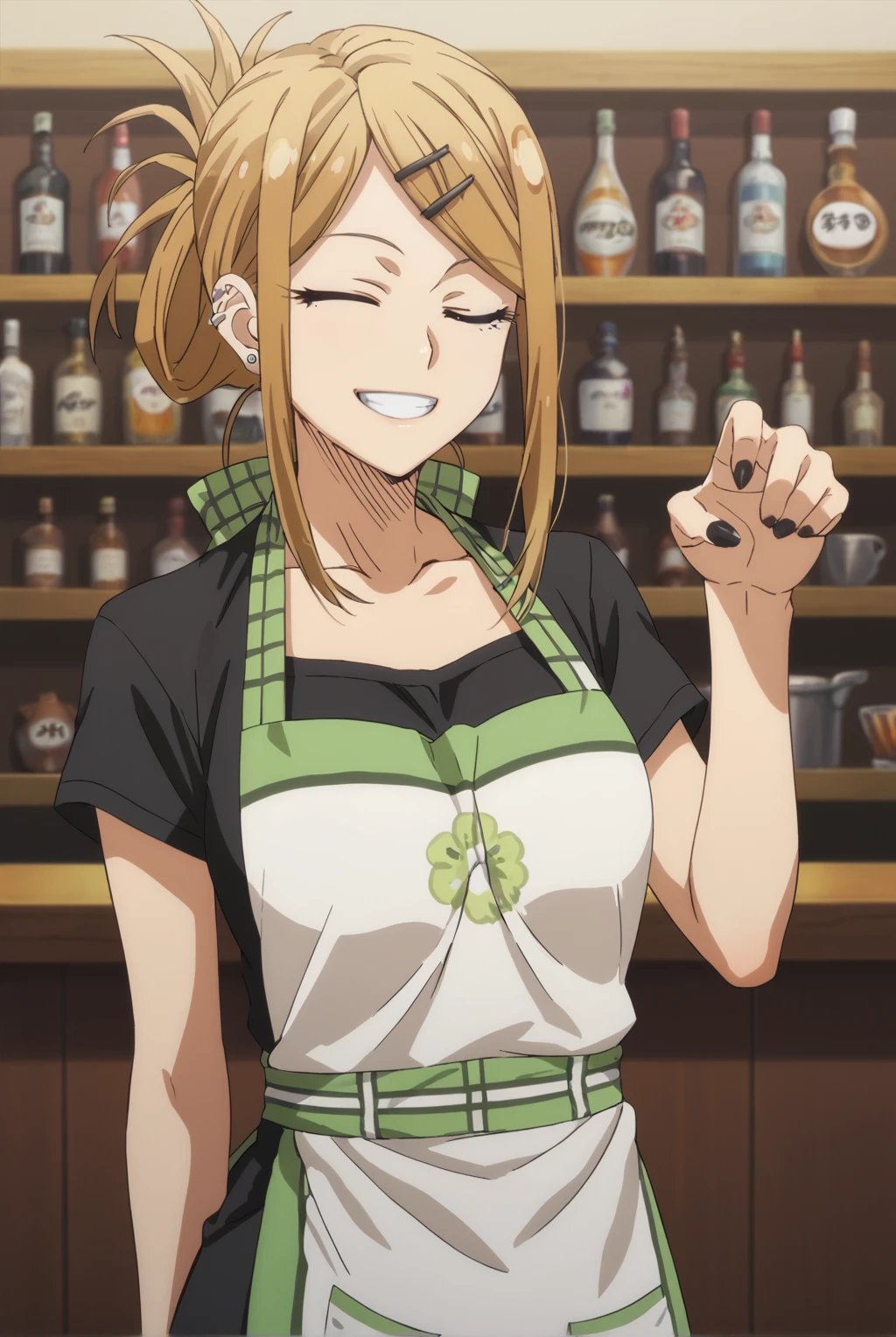 score_9, score_8_up, score_7_up, 1girl, endou saya, long hair, blonde hair, hair ornament, folded ponytail, sidelocks, jewelry, brown eyes, earrings, multicolored apron, pattern apron, black shirt, hairclip, ear piercing, sanpaku, standing, paw pose, smile, wink, black nails, looking at viewer, indoors, bar, Dagashi Kashi artstyle