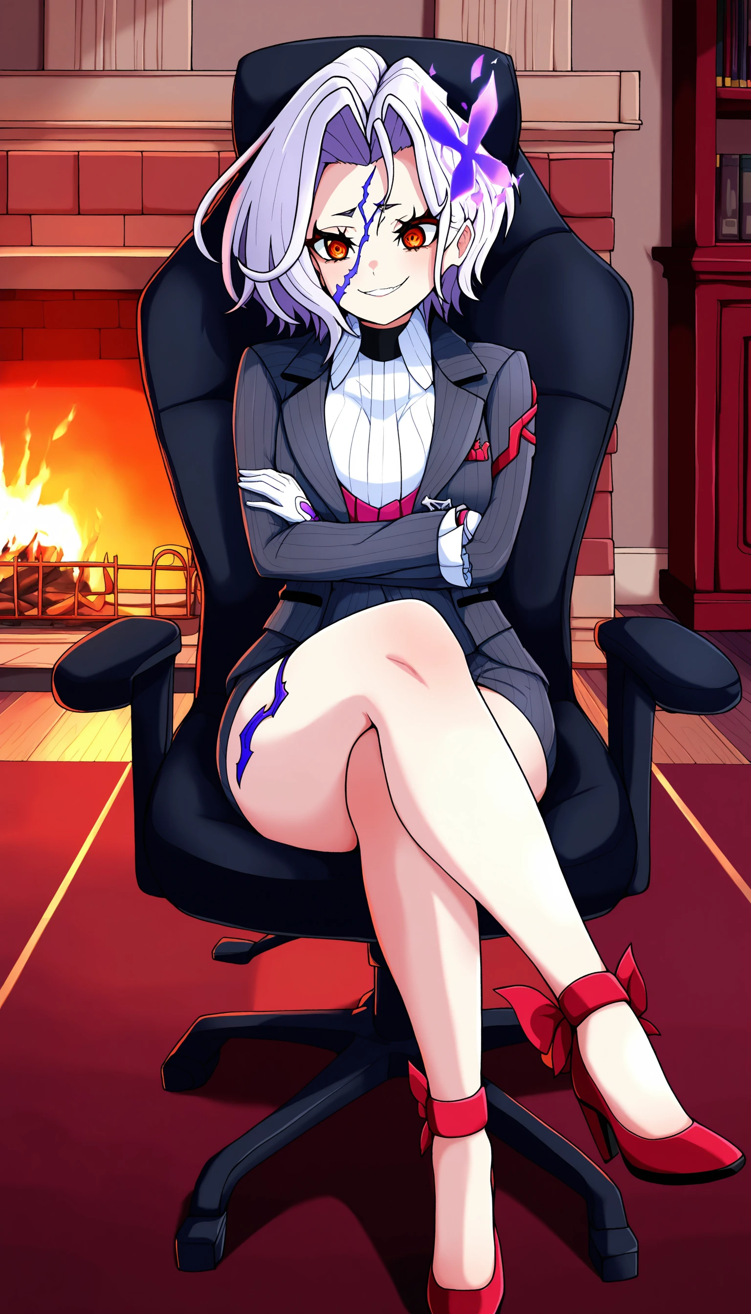 masterpiece,best quality,amazing quality, xc3mobiusx, pinstriped business suit, red high heels, frontal view, sitting at desk, sitting in ceo chair, arms folded, calculated smile, legs crossed, black nylons, office background, fireplace, white blouse, adult female