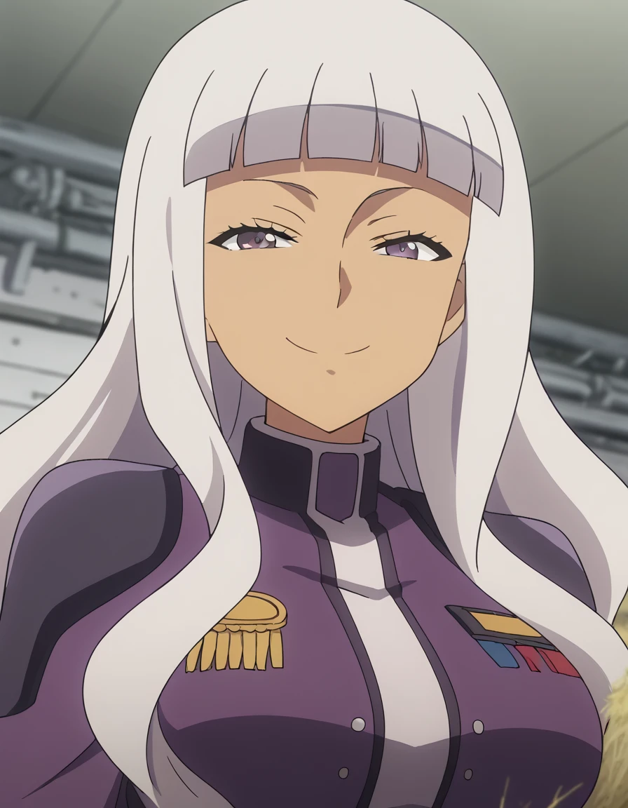 score_9, score_8_up, score_7_up, source_anime, <lora:lendy-farolito-s1-ponyxl-lora-nochekaiser:1>, lendy farolito, long hair, bangs, white hair, blunt bangs, grey eyes, large breasts, anime screencap,, uniform, military, military uniform, barn, animals, hay, farming, rural, smile, <lora:seductive-smile-ponyxl-lora-nochekaiser:1>, seductive smile, come hither, naughty face,, looking at viewer, solo,, dutch angle, cowboy shot