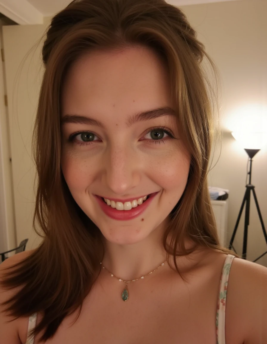 This is a selfie of S0PH14, a beautiful detailed photograph, light makeup, standing in a room looking at the viewer, lamp light illuminating her face, smiling, showing her teeth.